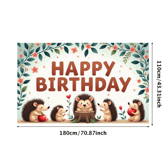 Floral Design Happy Birthday Party Hedgehog Banner Animal Theme for Kids Party Event Celebration Indoor Decoration