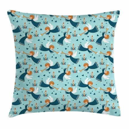 - Angel Throw Pillow Cushion Cover, Cute Winged Girl with Trumpet in Sky with Candles Mother Nature Fairy, Decorative Square Accent Pillow Case, 16 X 16 Inches, Pale and Night Blue Orange, by Ambesonne