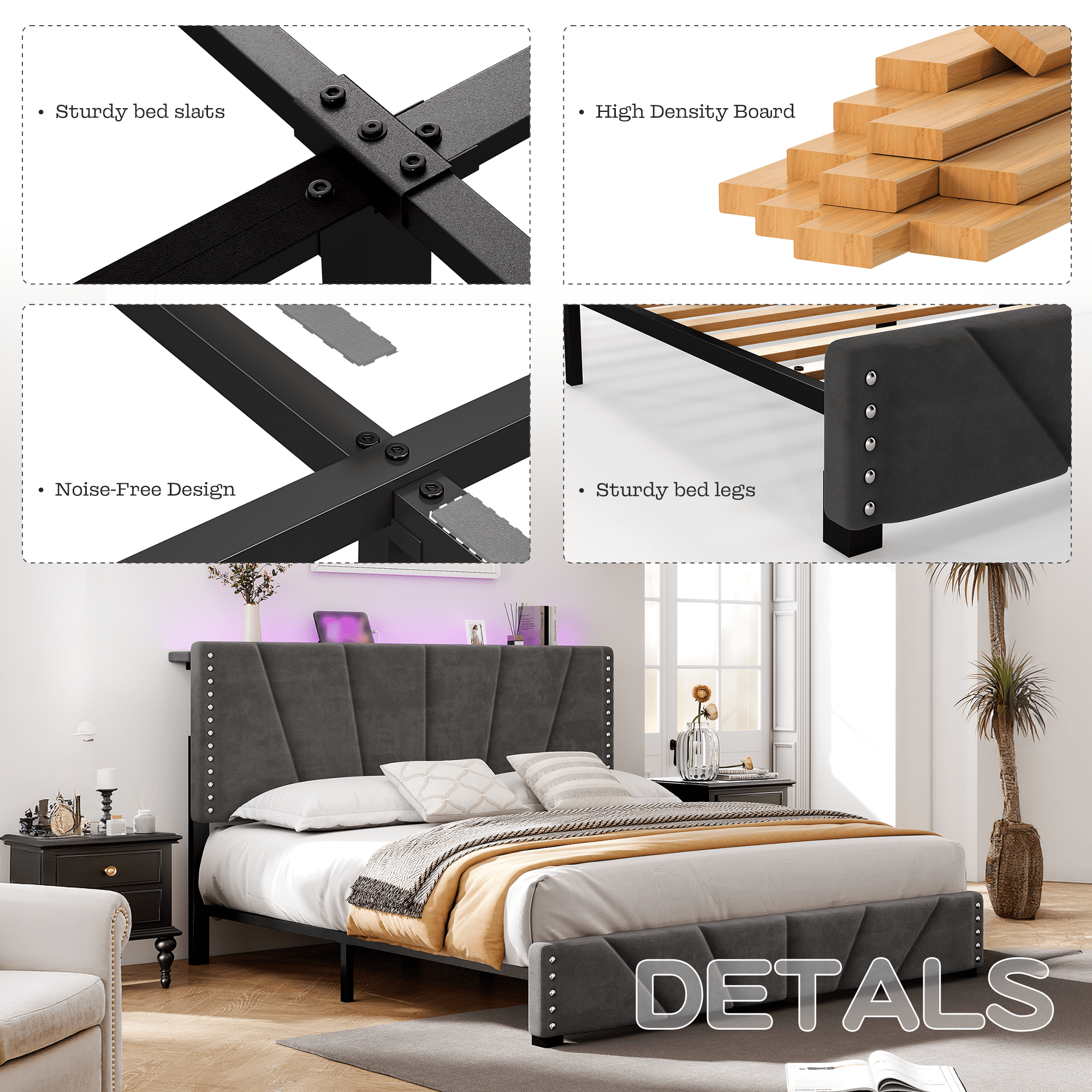 Romorgniz Queen Size Bed Frame with Underbed Storage Upholstered Bed Frame with Adjustable Headboard & LED Light & Charge Station ,Gray