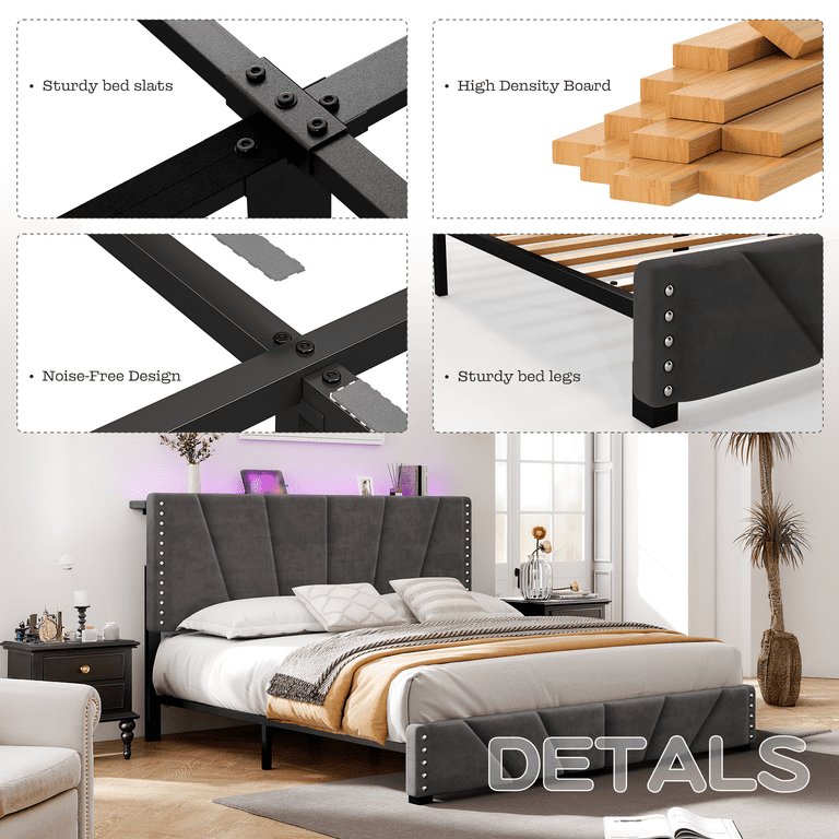 Romorgniz Queen Bed Frame with LED Lights and Charging photo 6