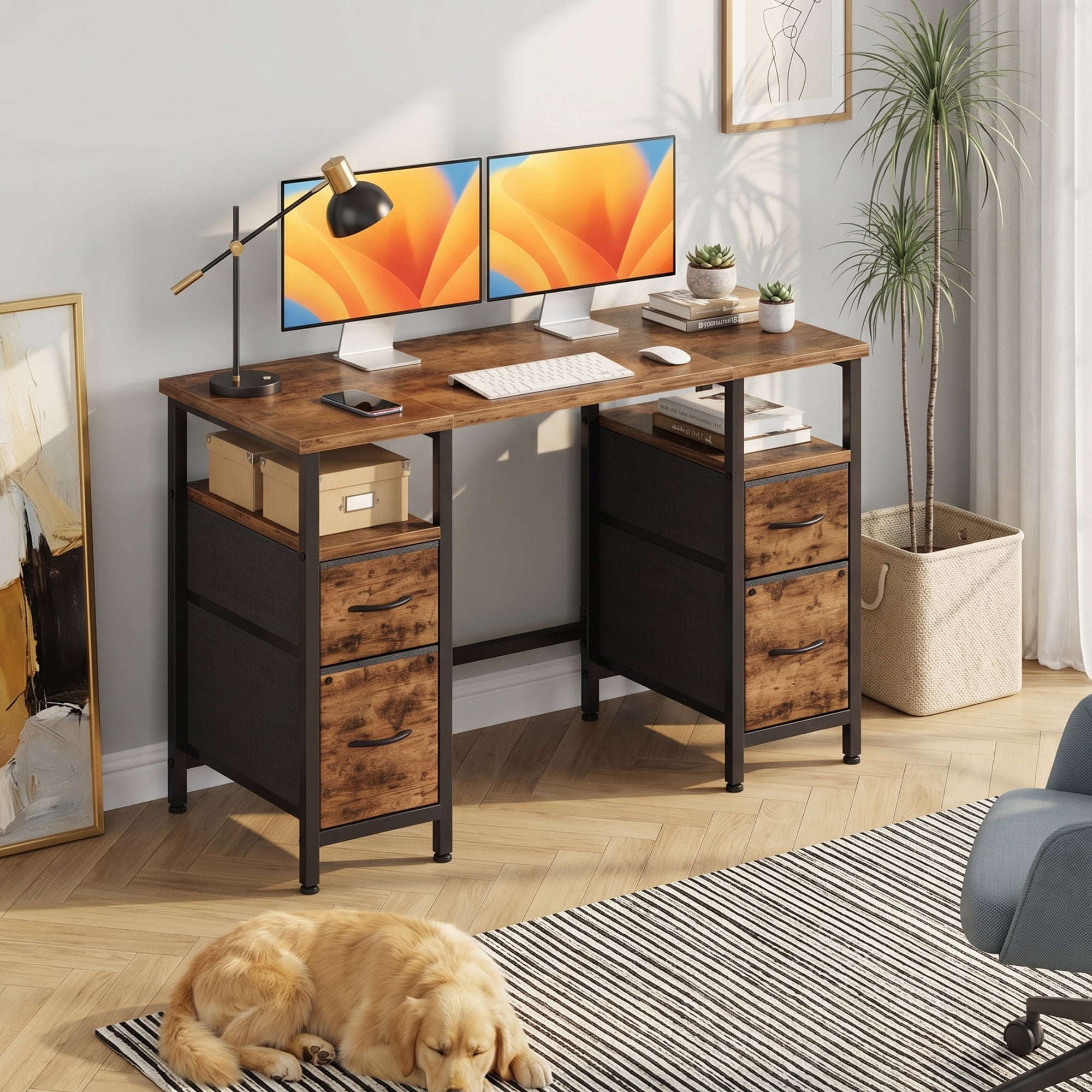 HIGDBFE 47 Inch Computer Desk with 4 Fabric File Drawers, Office Desk with Storage, Gaming Writing Table for Home Office Bedroom, Rustic Brown