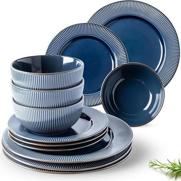 Ceramic Dinnerware Sets,12 pcs Embossed Elegant Stoneware Plates and Bowls Sets, Housewarming Wedding Gift | Dishwasher & Microwave Safe | Dishes Set Service for 4