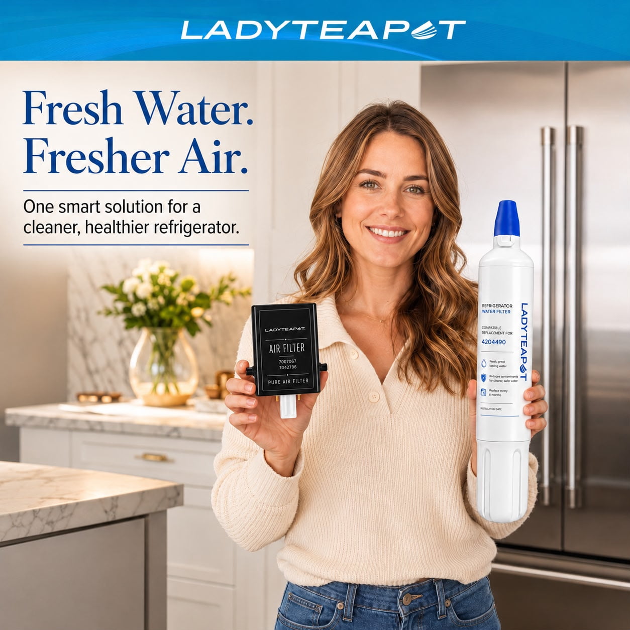 Replacement 4204490 Water Filter and 7007067 Air Purification Cartridge Combo Pack, Compatible with Sub-Zero 4204490, 4290510 Water Filter, 7042798/7007067 Air Filter (2+2 Count)
