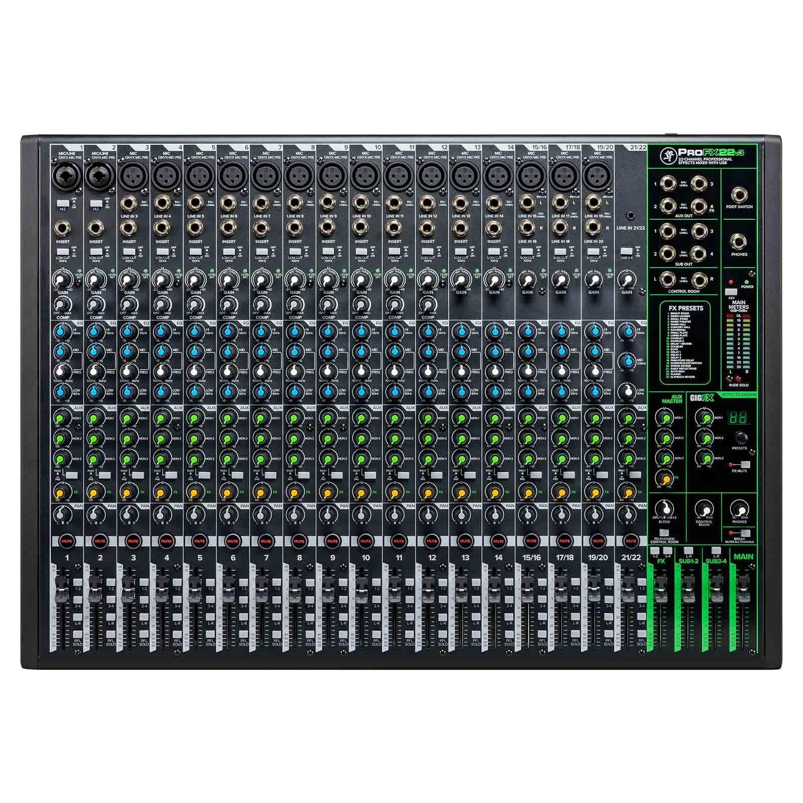 Mackie ProFX22v3 22 Channel 4-bus Professional Effects Mixer with Gator Cases Gear Bag Package