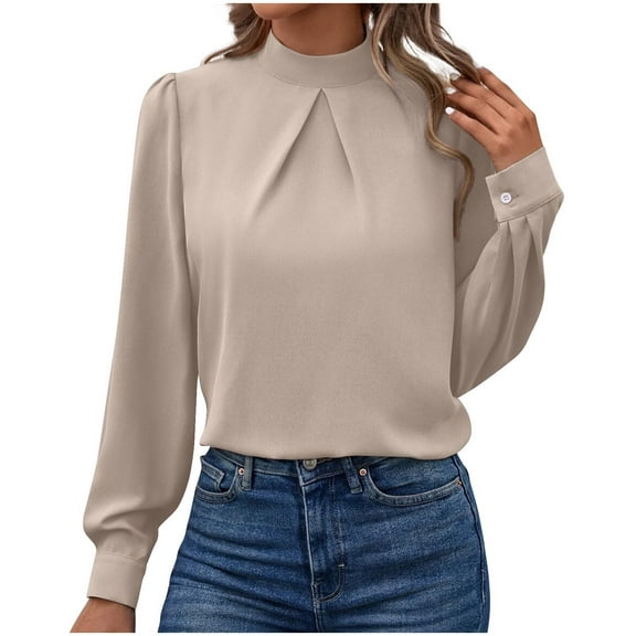 Blmnix Slim Cute Tops Women Comfy Beige Womens Work Shirts High Neck Long Sleeve Blouses