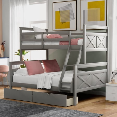 CLEARANCE! Twin over Full Bunk Bed with Ladder  Two Storage Drawers  Safety Guardrail  Gray