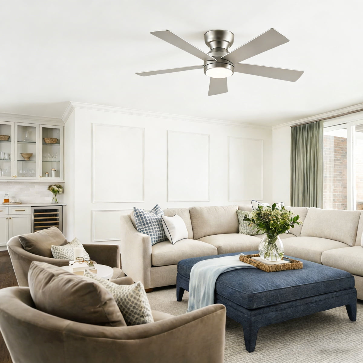46" Flush Mount Ceiling Fan with Lights Remote Control,Quiet DC Motor 6 Plywood Blade Ceiling Fans 6 Speed Levels,Reversible Ceiling Fan,for Patio Living Room, Bedroom,Office,Indoor.( SLIVER)