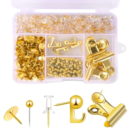 Gold Push Pins Set  310 Pcs Thumb Tacks for Cork Board Includes Push Pin Hooks and Clips 5 Styles Office Accessories Decorative Pushpins for Maps Bulletin Boards Gold