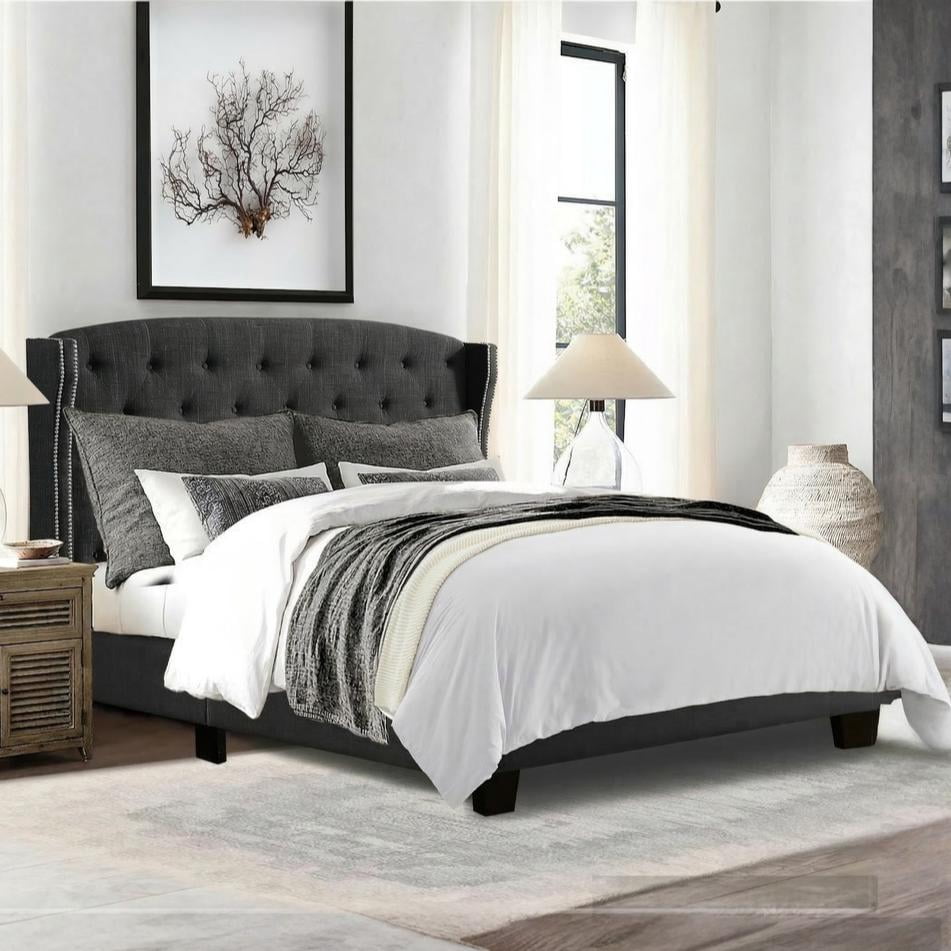 BSHTI Dark Grey Tufted Wingback Full Size Bed, Upholstered Platform Bed Frame with Button Tufted Headboard, Box Spring Needed, Modern Bedroom Furniture