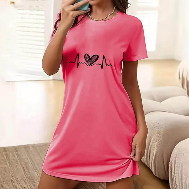 Camisón corto extragrande para mujer, estampado, cuello redondo y manga corta, de poliéster.