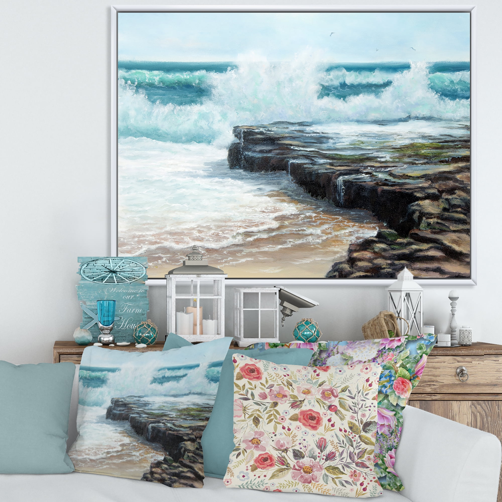 Designart 'Wild Ocean Waves Breaking On The Shore' Nautical & Coastal Framed Canvas Wall Art Print