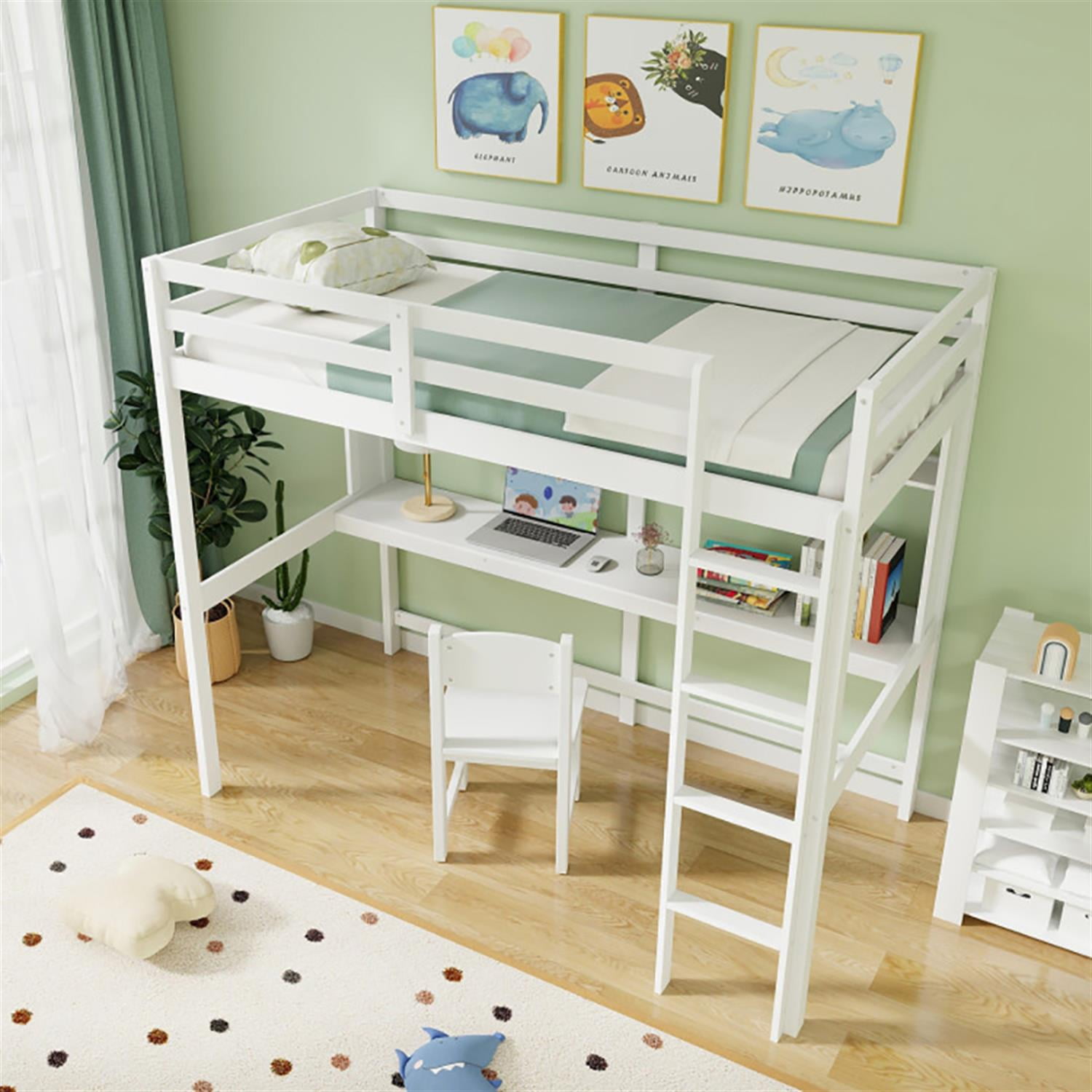 Demi Bonn Loft Bed Twin Size, Solid Wood Low Loft Bed with Guard Rail and Ladder, Modern Wooden Loft Bunk Bed Frame, White