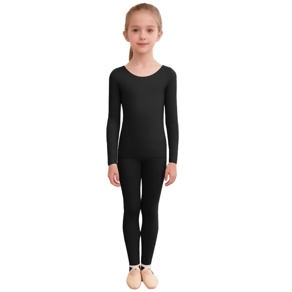 Hansber Kids 2-Piece Base Layer Underwear Thermal Tops and Stirrup Tights Ballet Dance Class Gymnastics Practice B Black M