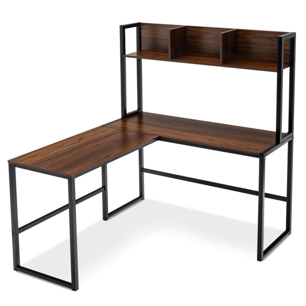 Demi Bonn Reversible L-Shaped Corner Desk with Storage Bookshelf, Small Home Office Desk Study Writing Table, Walnut