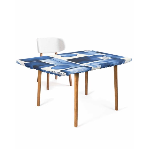 Abstract Blue Rectangle Tablecloth, Waterproof Elastic Fitted Table Covers for 3 Foot Tables, 24x36inch Decorative Tablecloths for Picnic, Camping, Indoor, Outdoor, Geometric Leaves Modern Minimalist