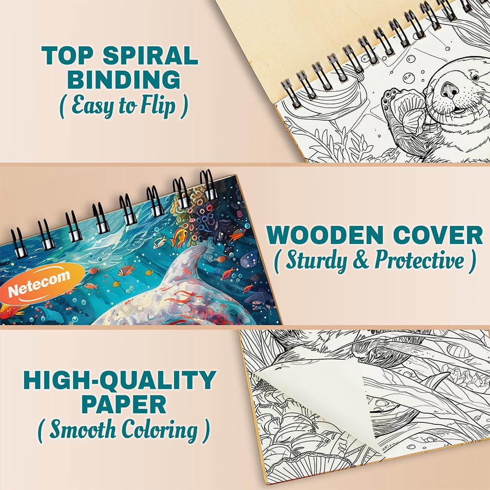 Netecom Fanciful Sea Life Coloring Book Spiral Bound For Adults, A5 Wooden Cover, 30 Beautiful Coloring Pages of Whimsical Aquatic Scenes for Stress Relief and Relaxation