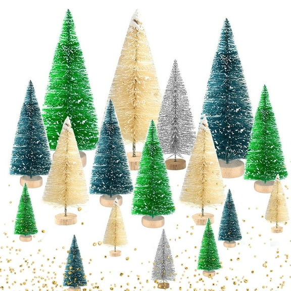 8PCS Mini Sisal Snow Frost Trees Mini Pine with Wood Base Bottle Brush Trees Plastic Winter Snow Ornaments Tabletop Trees for Christmas Decoration and Display