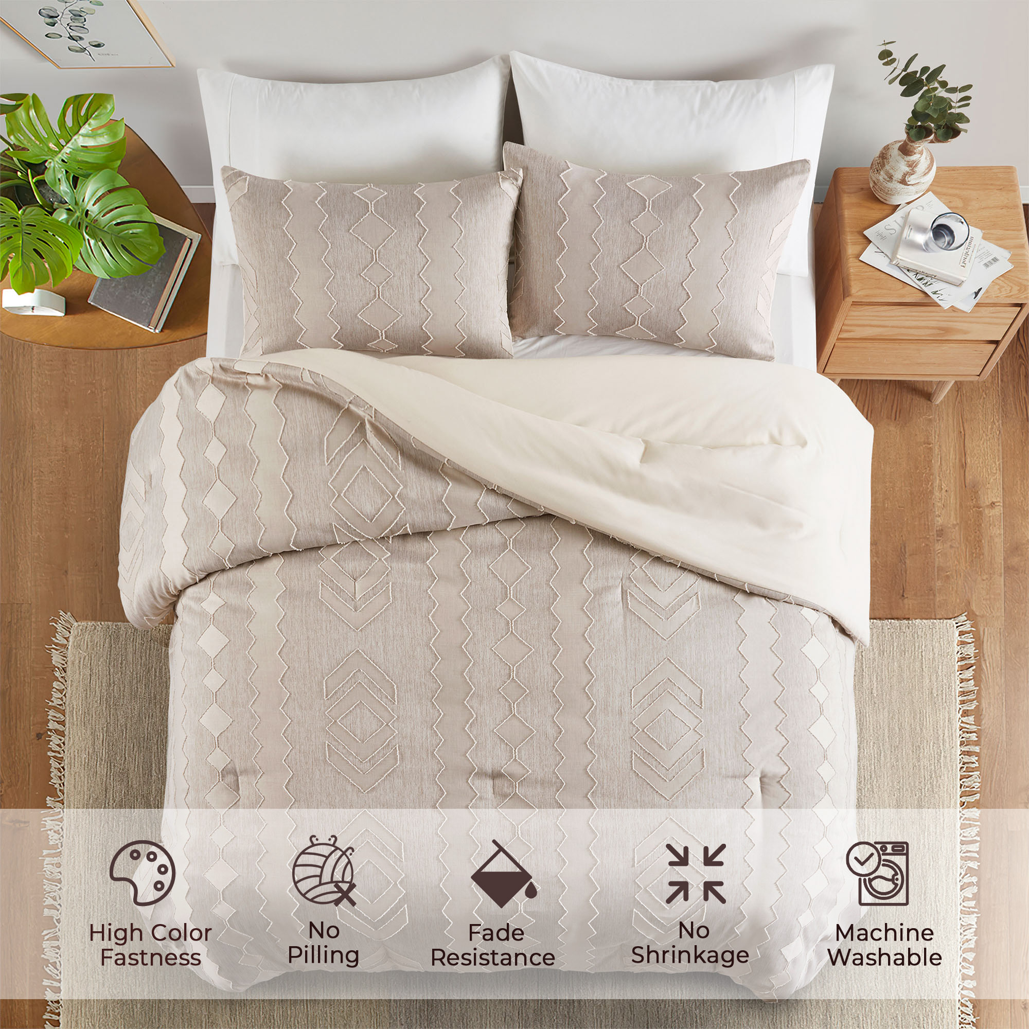 Peace Nest 3-Piece All Season Clipped Jacquard Down Alternative Comforter Set, Beige, King - image 4 of 5
