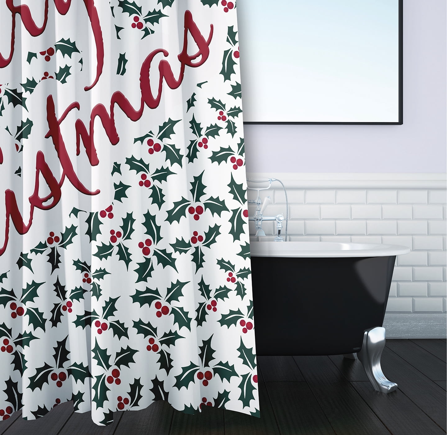 Simply Daisy 70" W x 73" L Merry Christmas with Holly Polyester Shower Curtain, Christmas Green [1 Ct]