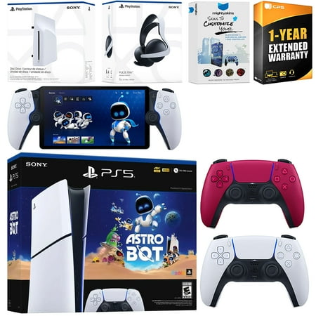 Sony PlayStation 5 Astro Bot Slim Digital Bundle with Disc Drive, Pulse Elite Headset, Extra Controller, PlayStation Portal, MightySkins Voucher and 1 Year Extended Warranty - Cosmic Red
