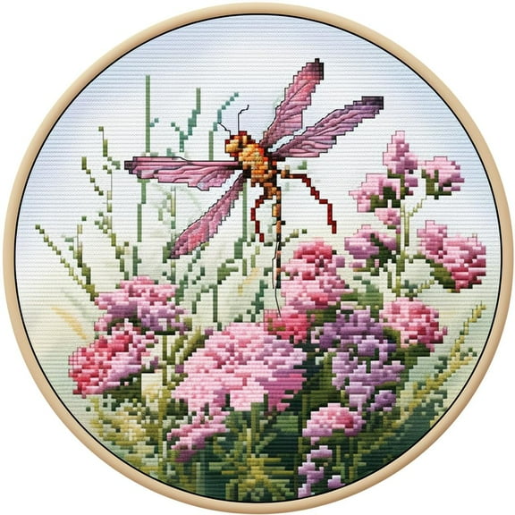 Dragonfly and Wild Flowers Stamped Cross Stitch Kits for Beginners Easy with Hoop 11CT Needlepoint Embroidery DIY Counted Cross Stitch Kits Art Craft Wall Decor 35x35cm(1)