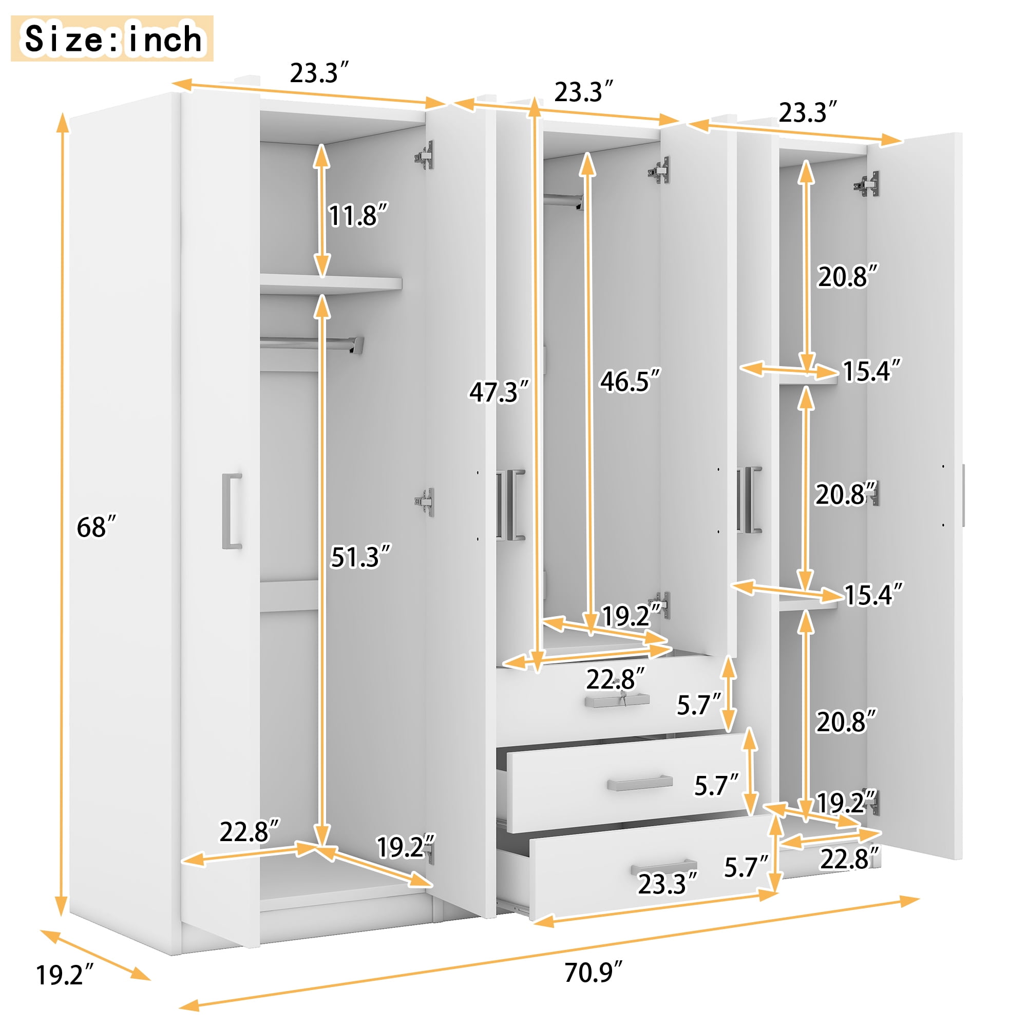 Modern Wardrobe Closet,Wooden Wardrobe Storage with 6-Doors & 2 Drawers for Bedroom,White