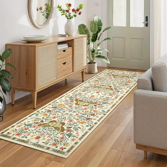 IdealHouse 2"x6" Washable Hallway Runner Rug, Non-Slip Low Pile Farmhouse Carpet, Soft Indoor Floor Mat for Bedroom, Laundry, Beige