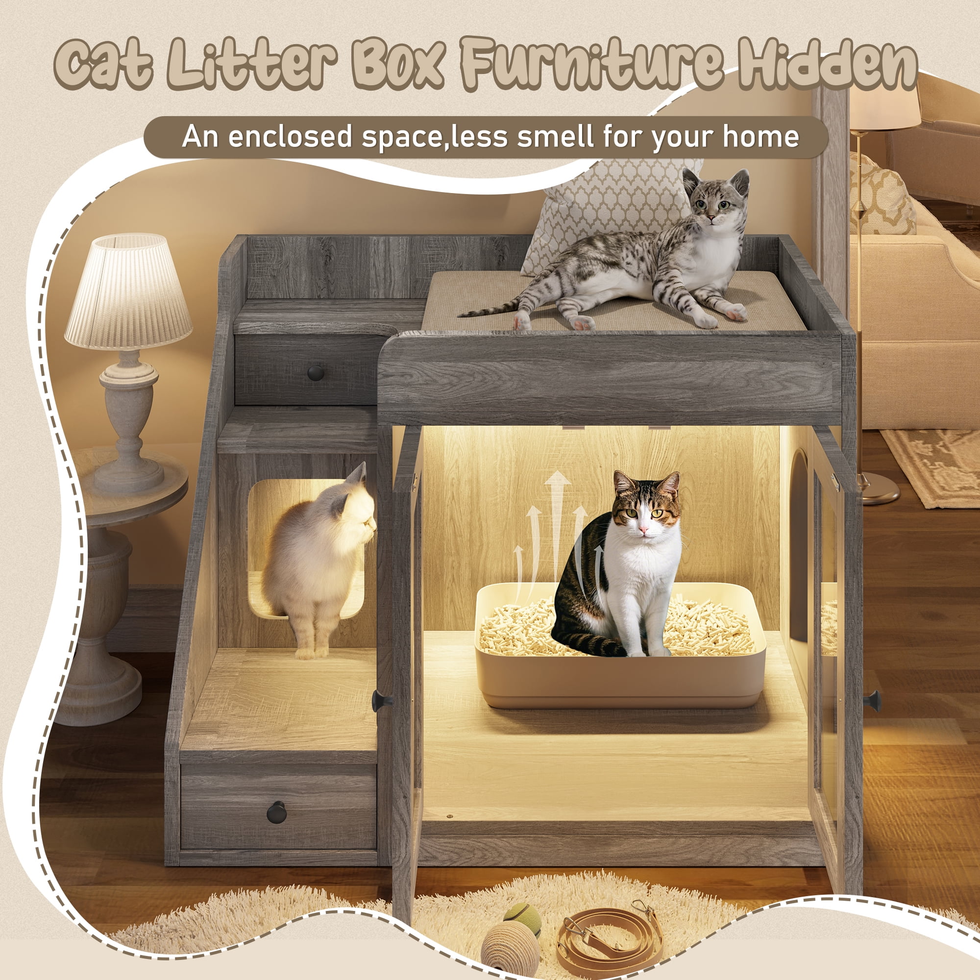 Aukfa Cat Litter Box Enclosure with LED Light and 2 Storage Drawers for Living Room,Gray