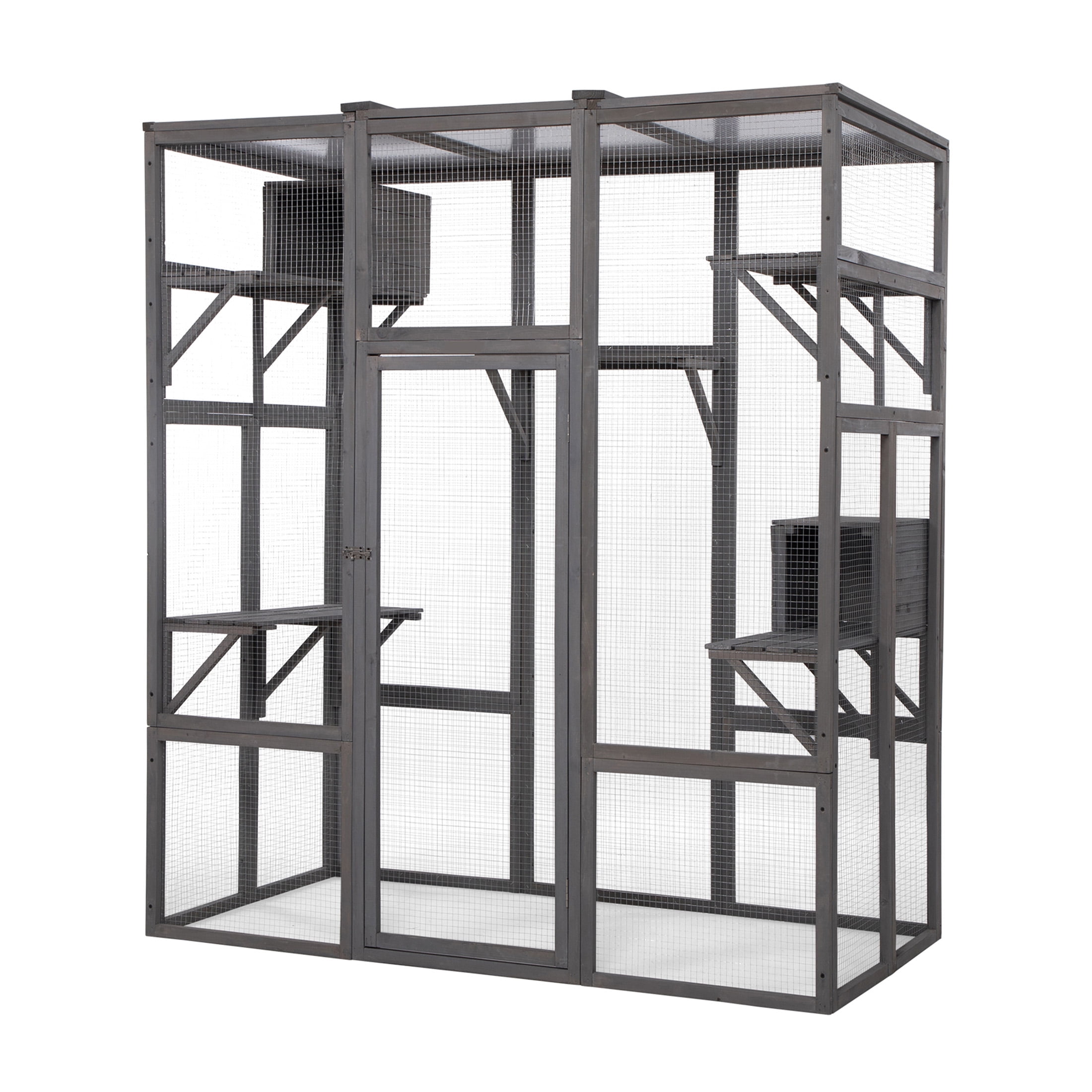 JERFIT Large Outdoor Cat Enclosure with Roof, Multi-Level Indoor/Outdoor Cat Cage Playpen with Lockable Door, Wooden Catio for Multiple Cats, Gray