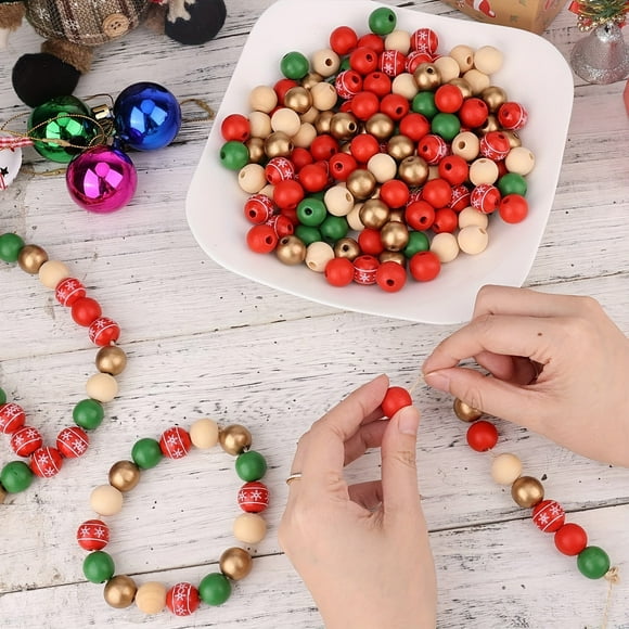 Kbndieu 50 Perles Rondes en Bois de Noël de Couleur Mixte 0,62 Po Matériau Perlé Fait Main Perles en Bois Colorées Accessoires de Bracelet Collier Décorations de Noël