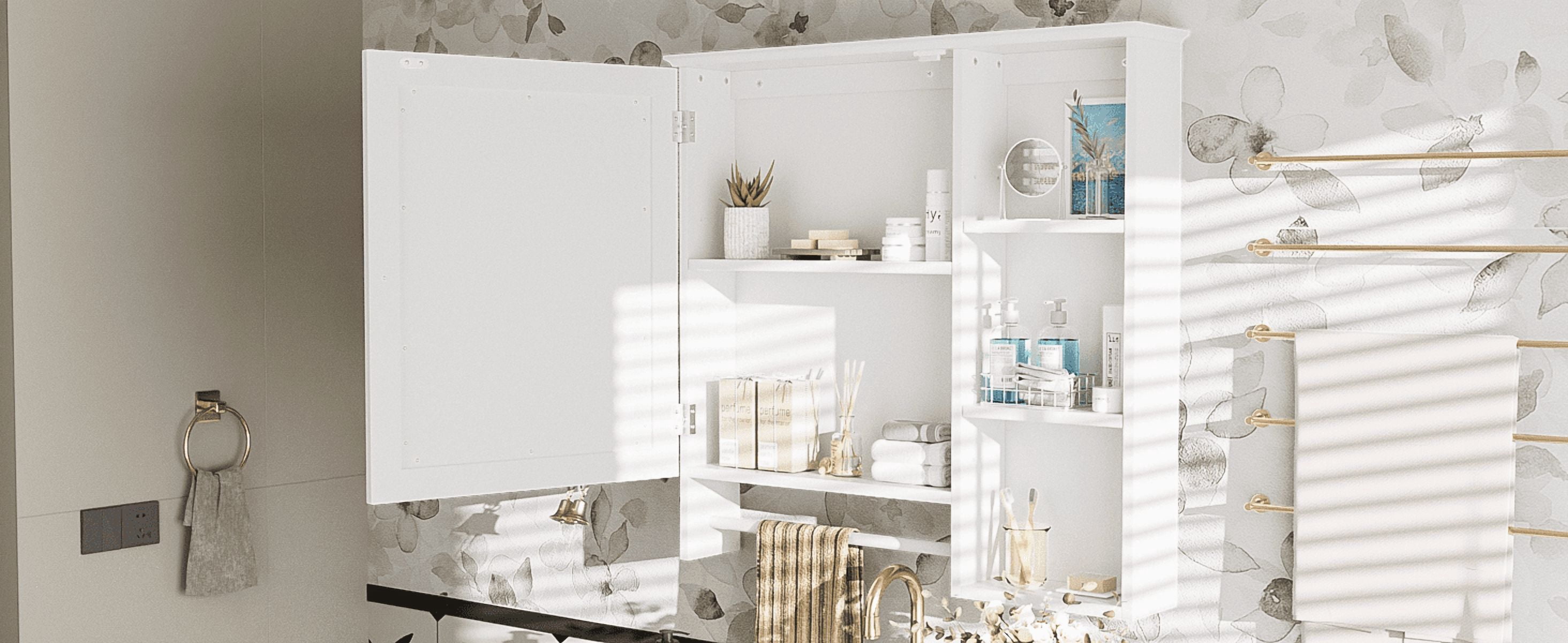 Euroco Wall Mounted Bathroom Storage Cabinet, Medicine Cabinets with large mirror door, adjustable shelves and three open storage levels(Not Include Bathroom Vanity )