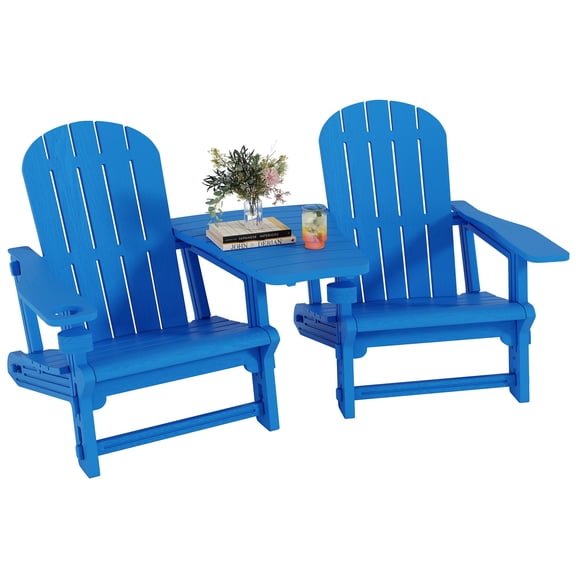 Blue HDPE Adirondack Chairs 2-Pack With Integrated Table & Cup Holders Outdoor