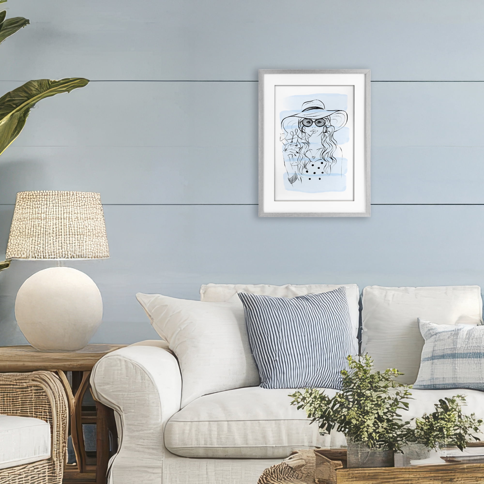 Stupell Industries Sipping Drink Girl in Sun Hat Gray Framed Print Under Glass, design by Martina Pavlova