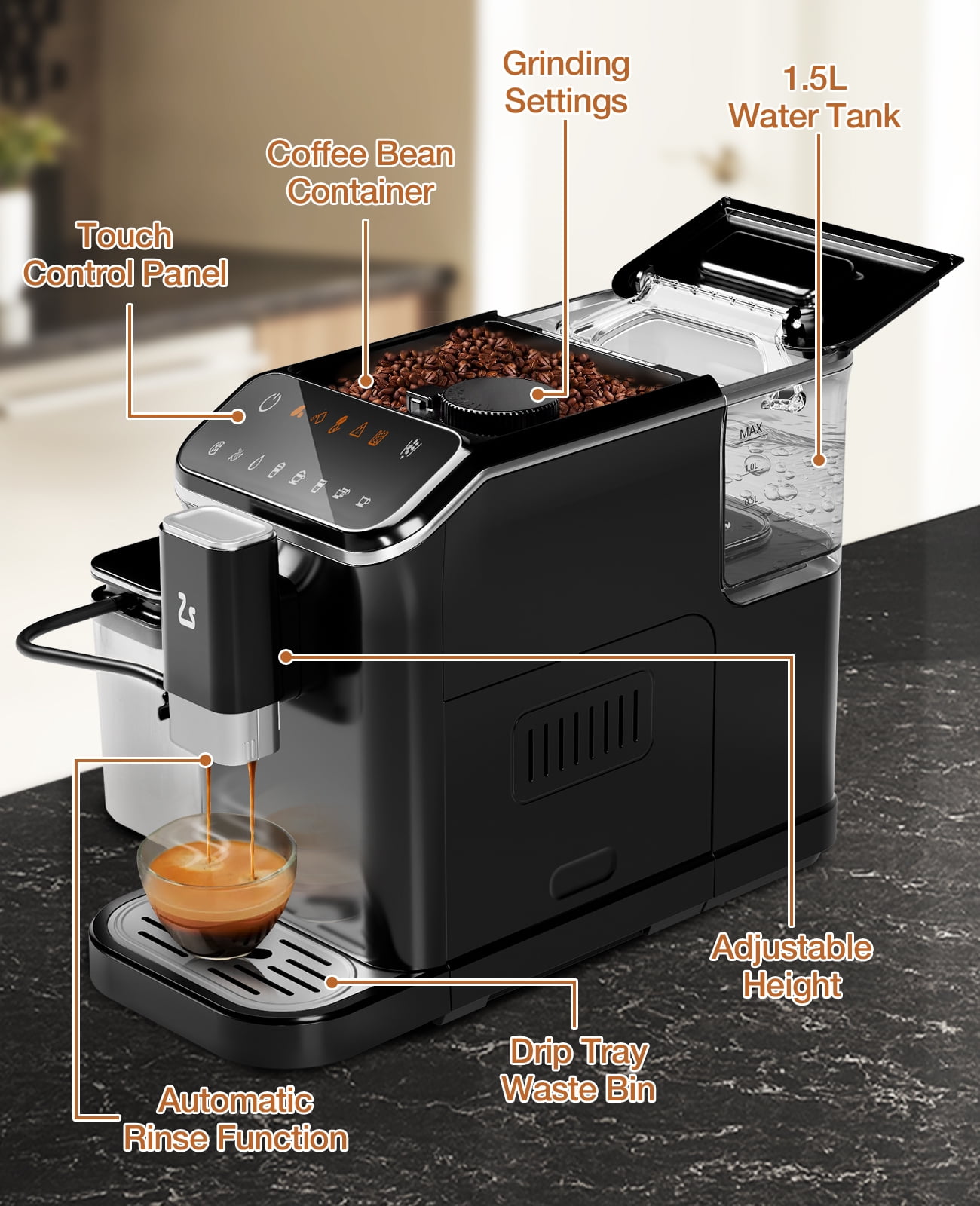 Adoolla Automatic Espresso Machine, 20 BAR One-Touch Single or Double Shot Coffee Maker with Built-in Grinder and Milk Frother Steam Wand