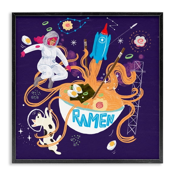 Stupell Industries Whimsical Ramen in Space Food & Beverage Painting Black Framed Art Print Wall Art, 12 x 12