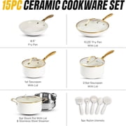 Gotham Steel 15 Pc Pots and Pans Set Non Stick Ceramic Cookware Set Non Stick, Elegant Pot and Pan Set with Gold Handle Finish, non stick pots and pan set with Utensils and Steamer, Cream/Gold