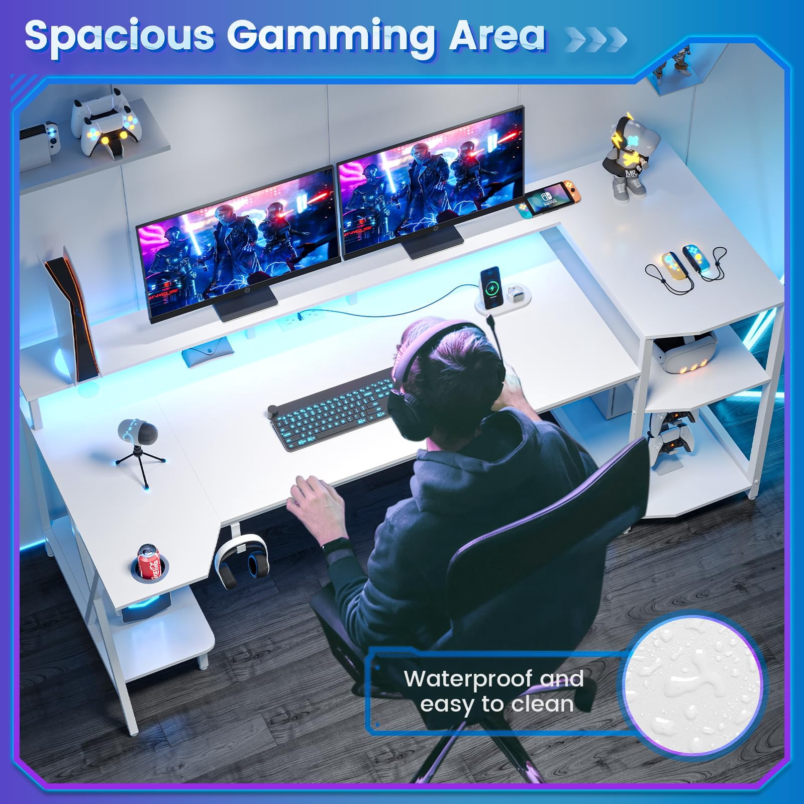 White 55" Gaming Desk with Monitor Stand, Computer Desk with LED Lights and Storage Shelves, Power Outlets and Cup Holder, Large PC Gaming Table for Bedroom Living Room