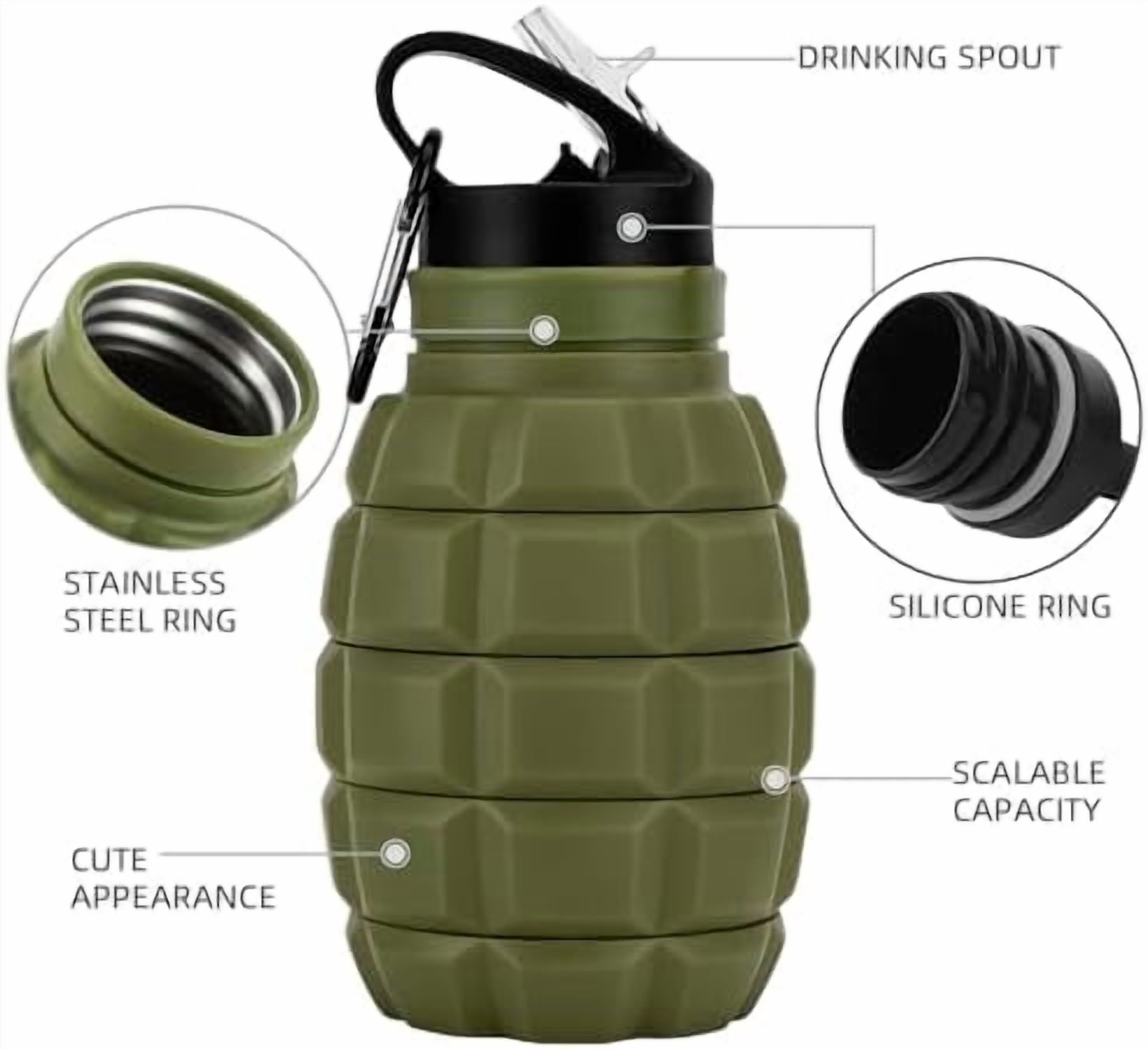 Collapsible Travel Water Bottle 19.6 oz, Reuseable Silicone Foldable Water Bottles for Gym Camping Hiking, Portable Leak Proof Sports Water Bottle with Carabiner (Noble Army Green)