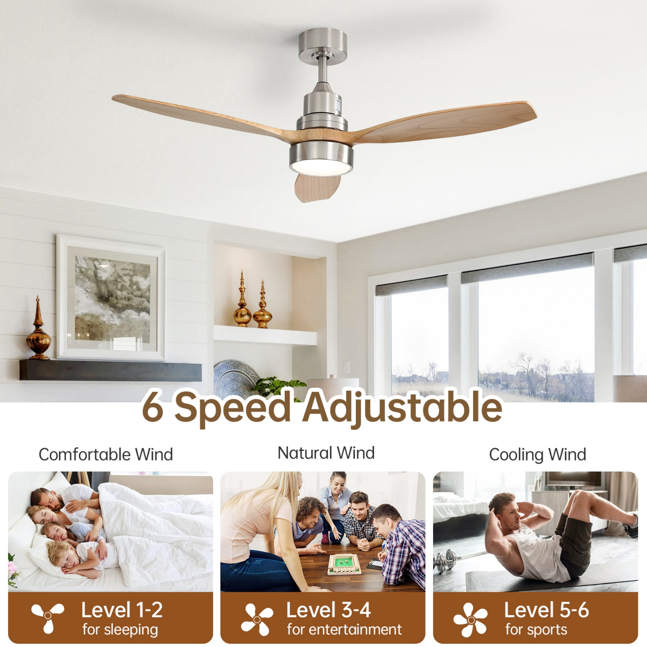 Sofucor 52 Inch 3-Blade Wood Ceiling Fan with Light, Brushed Nickel Finish, Dimmable LED 3-Color Light, DC Motor, 6-Speed Remote, Reversible Airflow, Timing Function, Modern Ceiling Fan