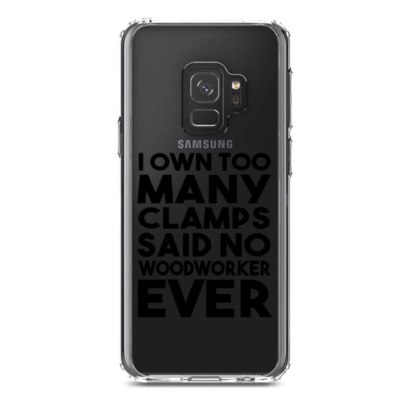 DistinctInk Clear Shockproof Hybrid Case for Samsung Galaxy S9 (5.8" Screen) - TPU Bumper Acrylic Back Tempered Glass Screen Protector - Own Too Many Clams - No Woodworker Ever