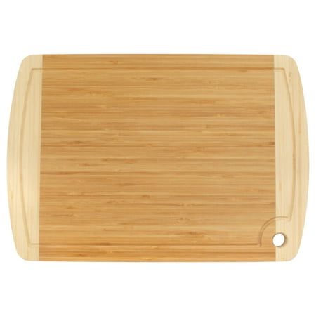 

BambooMN Heavy Duty Premium Bamboo Two-Toned Cutting Board w/ Hanging Hole - 17.25 x 11.75 x 0.75 - Grooved/Flat - 10 Piece