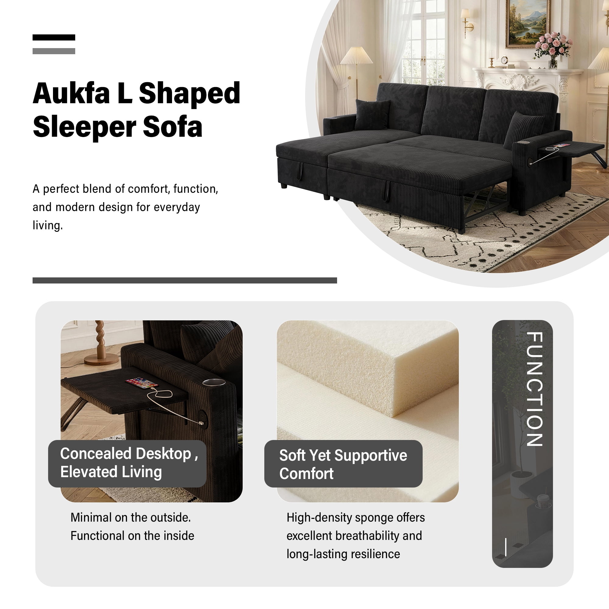 Aukfa 83" L-Shaped Sleeper Sleeper Sofa with Storage Chaise & Rotating Side Table, L-Shaped Corduroy Convertible Couch with USB/Type-C Ports,Black