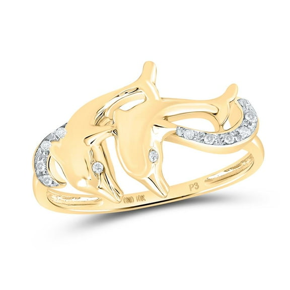 10K Yellow Gold Real Diamond Women's Wavy Double Dolphin Cocktail Ring 1/20 CT