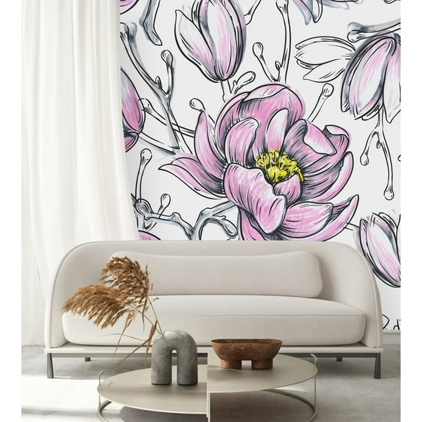 White Wallpaper with Pink Flowers