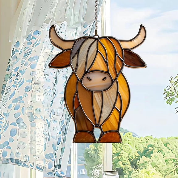 Lilixerw Highland Cow Stained Glass Acrylic Ornament,3D Stained Glass Art Effects,Farm Animal Sun Catcher Ornament for Window,Car,Mirror,Wall,5.9 Inch