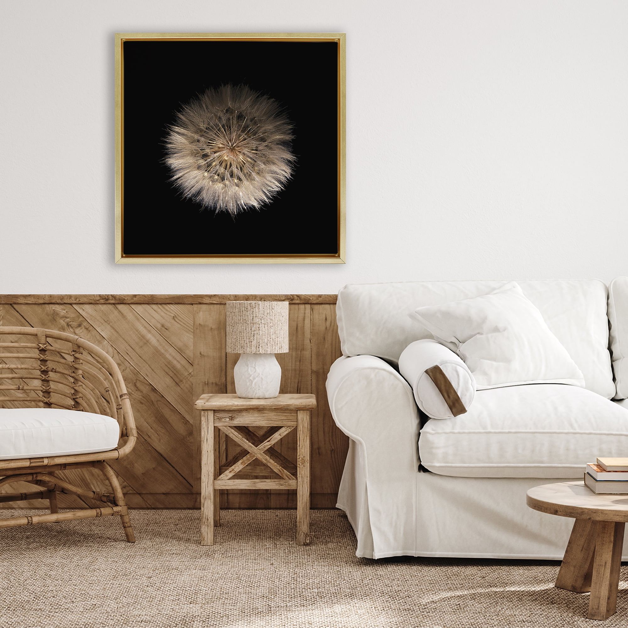 Stupell Industries Wispy Dandelion on Black Gold Framed Floater Canvas Wall Art, design by Beth Adoette