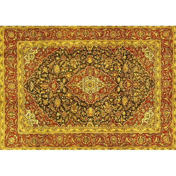 Ahgly Company Machine Washable Indoor Rectangle Medallion Yellow Traditional Area Rugs, 7' x 10'
