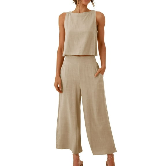 Women's Summer 2 Piece Outfits Sleeveless Crop Top Capri Wide Leg Pants Jumpsuit Linen Lounge Beach Travel Sets