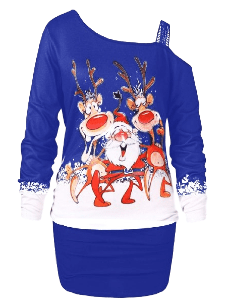 FEDULK Womens Christmas Tunic Blouse Santa Claus Elk Print Lace Splice Xmas Pullover Tops Plus Size S-5XL 