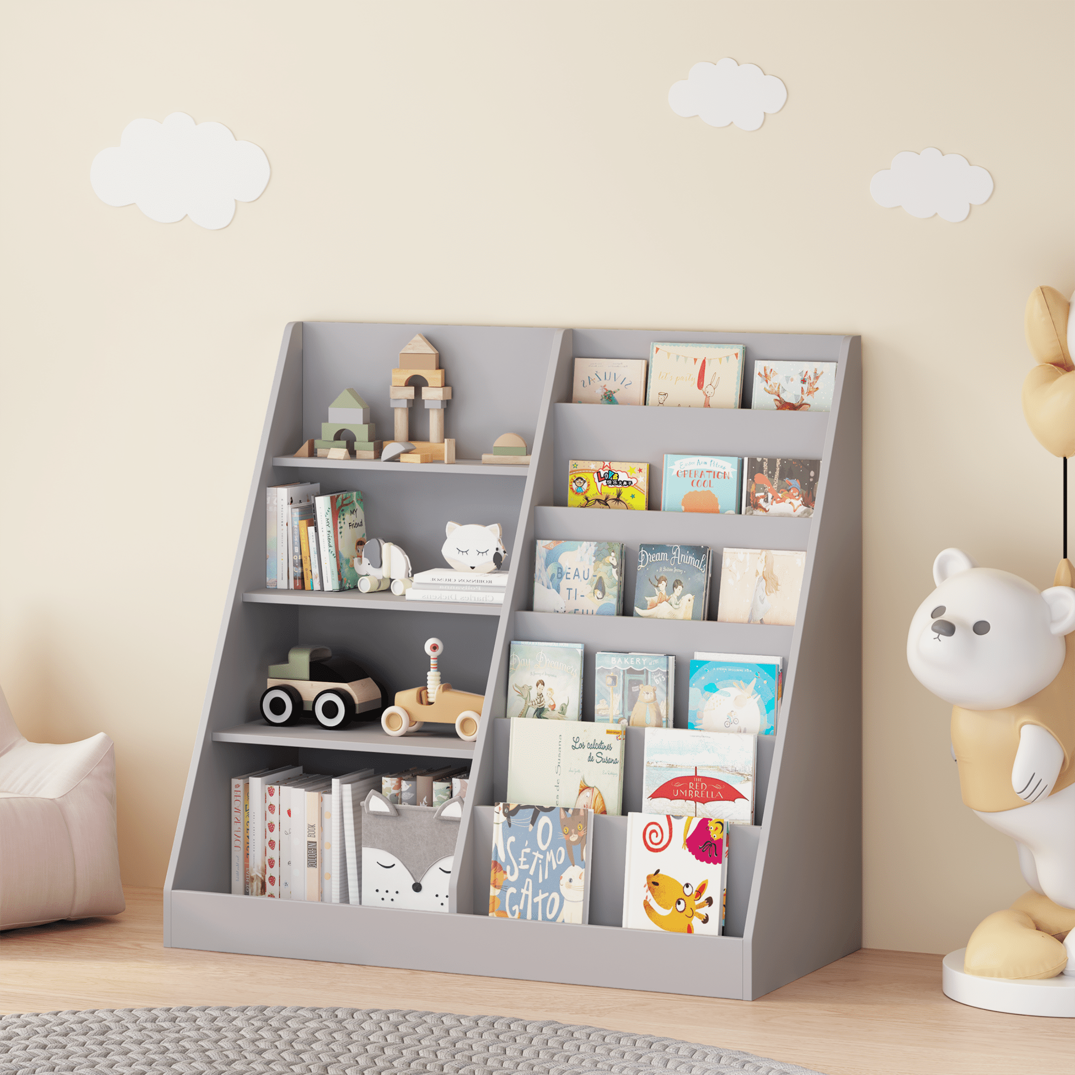 Alvantor Kids Bookshelf and Toy Storage Organizer, Multifunctional 4 Tier Wooden Bookcase for Nursery Playroom, Gray